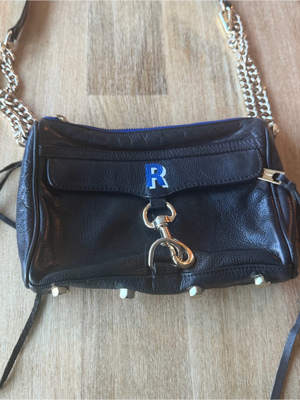 Rebecca Minkoff Monogram Mini Mac Black Leather blue polkadot lined bag
